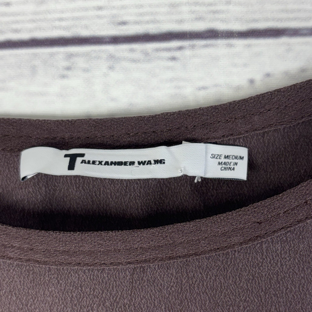 Alexander Wang Silk Shift Dress Brown Short Sleeve Mini Designer Minimalist Sz M - Picture 5 of 11